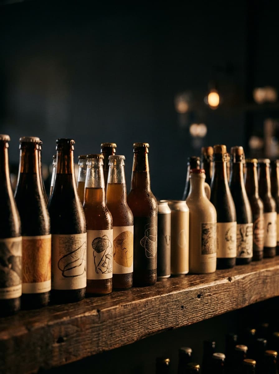 A curated row of craft beer bottles and cans on a dark wooden shelf